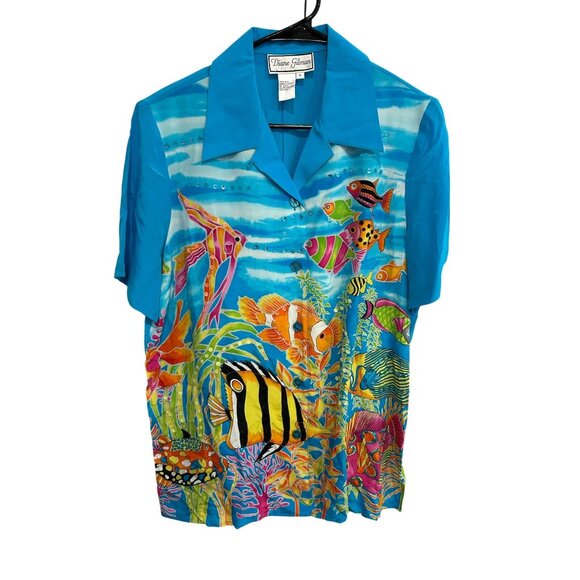 Diane Gilman Blue Tropical Fish Print Short Sleeve Silk Top SZ Medium - Picture 1 of 9